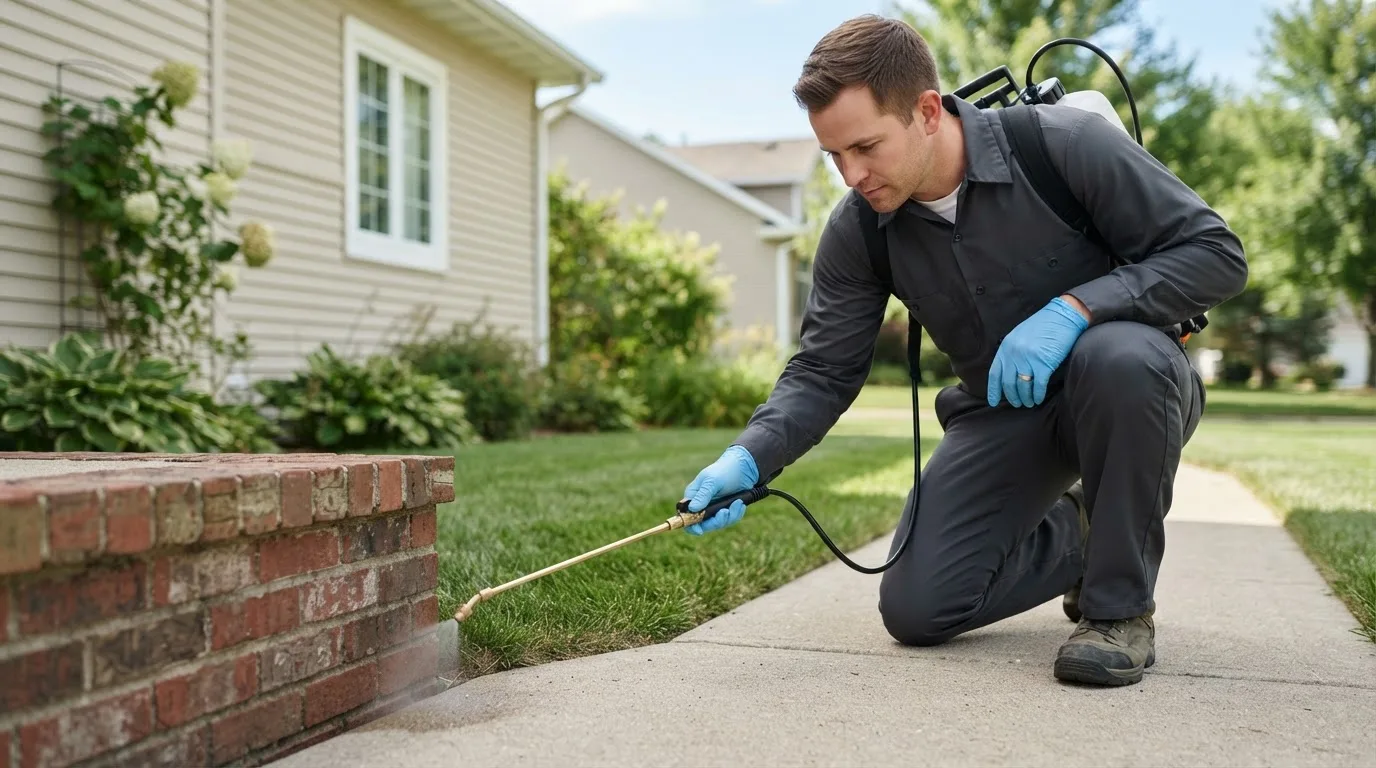 Pest control technician treating a home near Waterford, MI
